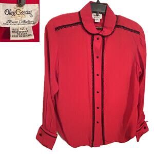 Vintage Designer Oleg Cassini Rayon Scallop Peek a Boo lace Blouse / size 12